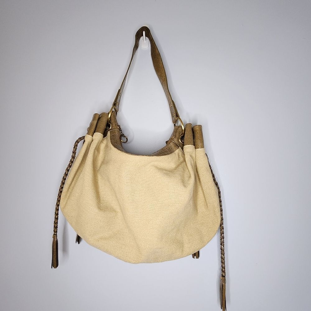 Flora Bella Satchel Large Bag Beige Canvas Zip Closure Purse